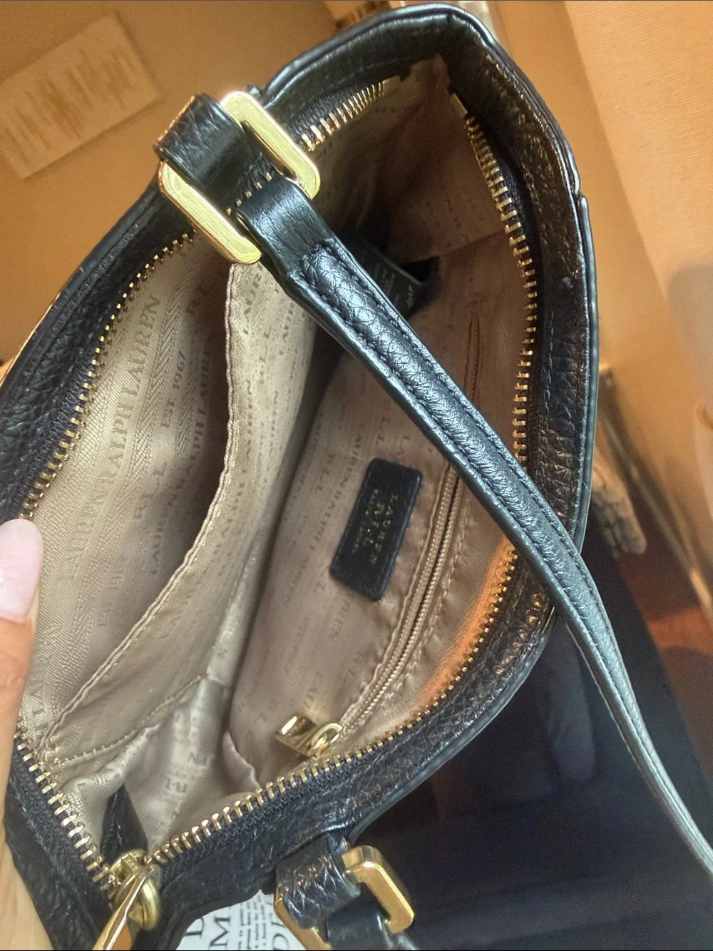 Lauren Ralph Lauren Black Leather Crossbody Bag with Gold Hardware’s
